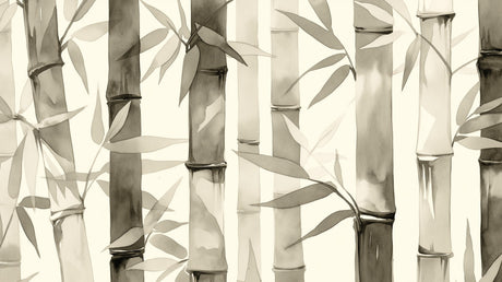 Bamboo forest wallpaper creating a zen atmosphere in a modern living room with grey furniture