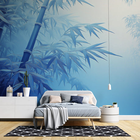 Blue Bamboo Forest Wallpaper creating a peaceful atmosphere in a modern bedroom with minimal furniture