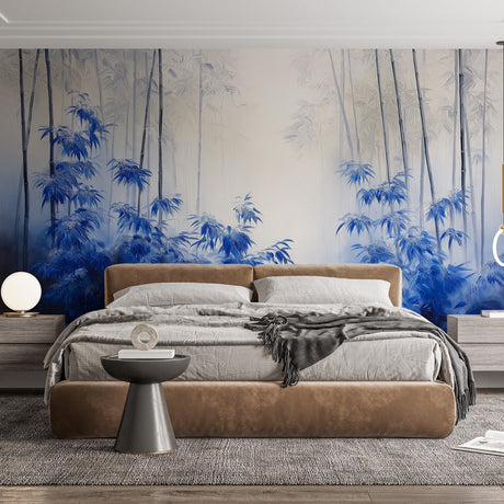 Blue bamboo forest wallpaper creating a serene atmosphere in a modern meditation room with minimal furniture
