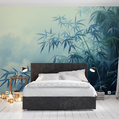 Bamboo forest wallpaper in blue creating a peaceful atmosphere in a modern bedroom with minimal furniture