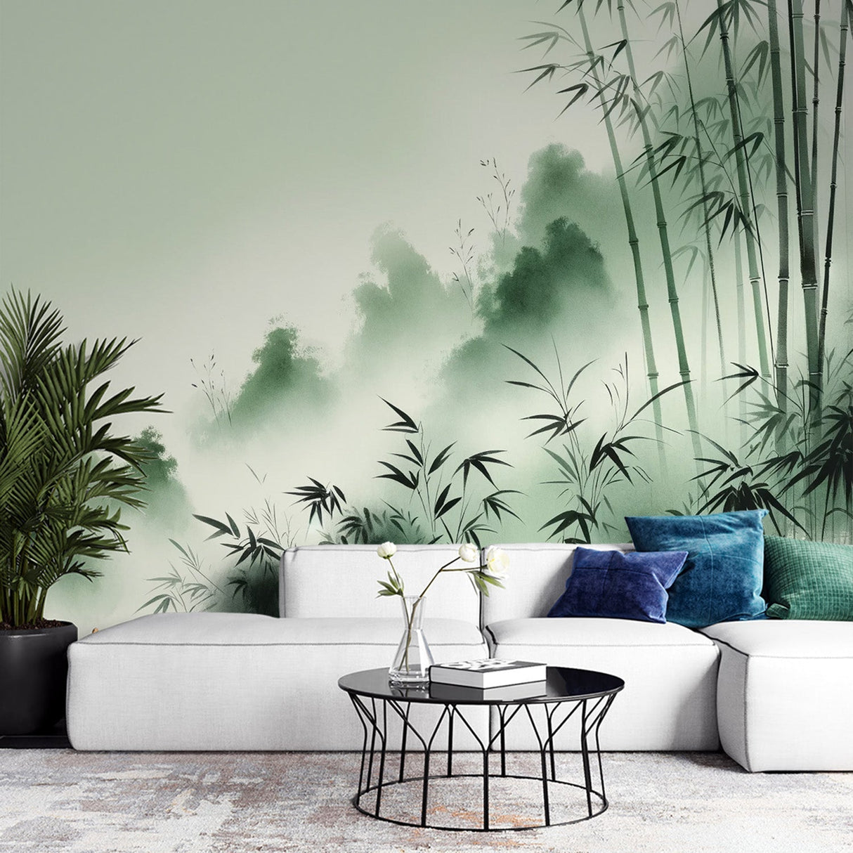 Bamboo forest wallpaper creating a serene atmosphere in a modern living room with minimalist furniture