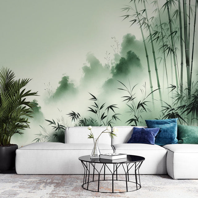 Bamboo forest wallpaper creating a serene atmosphere in a modern living room with minimalist furniture