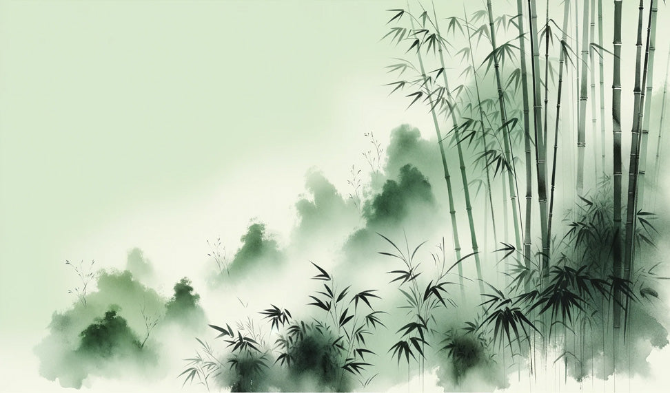 Bamboo forest wallpaper design file showing misty green watercolor pattern with elegant bamboo stalks