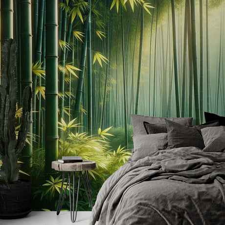 Bamboo forest wallpaper creating a peaceful atmosphere in a modern meditation room with natural light