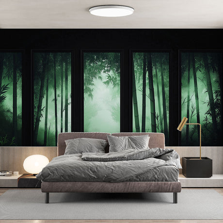Bamboo forest wallpaper creating a zen atmosphere in a modern living room with emerald green misty effect