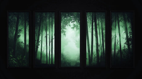 Bamboo wallpaper design file showing emerald green misty forest pattern