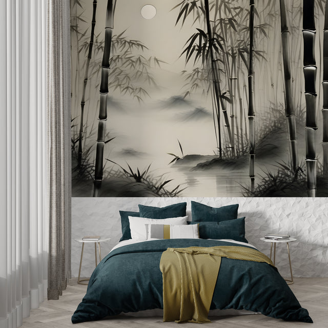Bamboo forest wallpaper creating zen atmosphere in modern living room