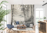 Japanese bamboo mural adding depth to minimalist bedroom