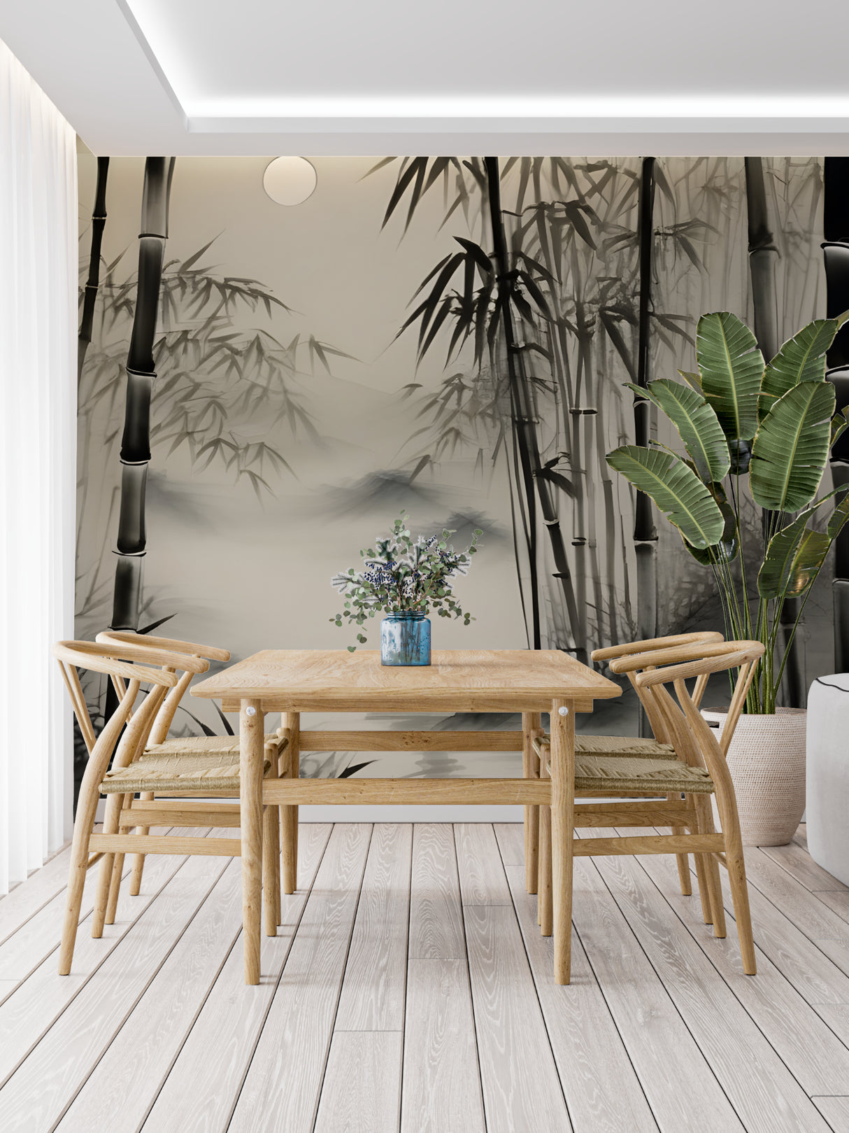 Monochrome bamboo wall mural in meditation room setting