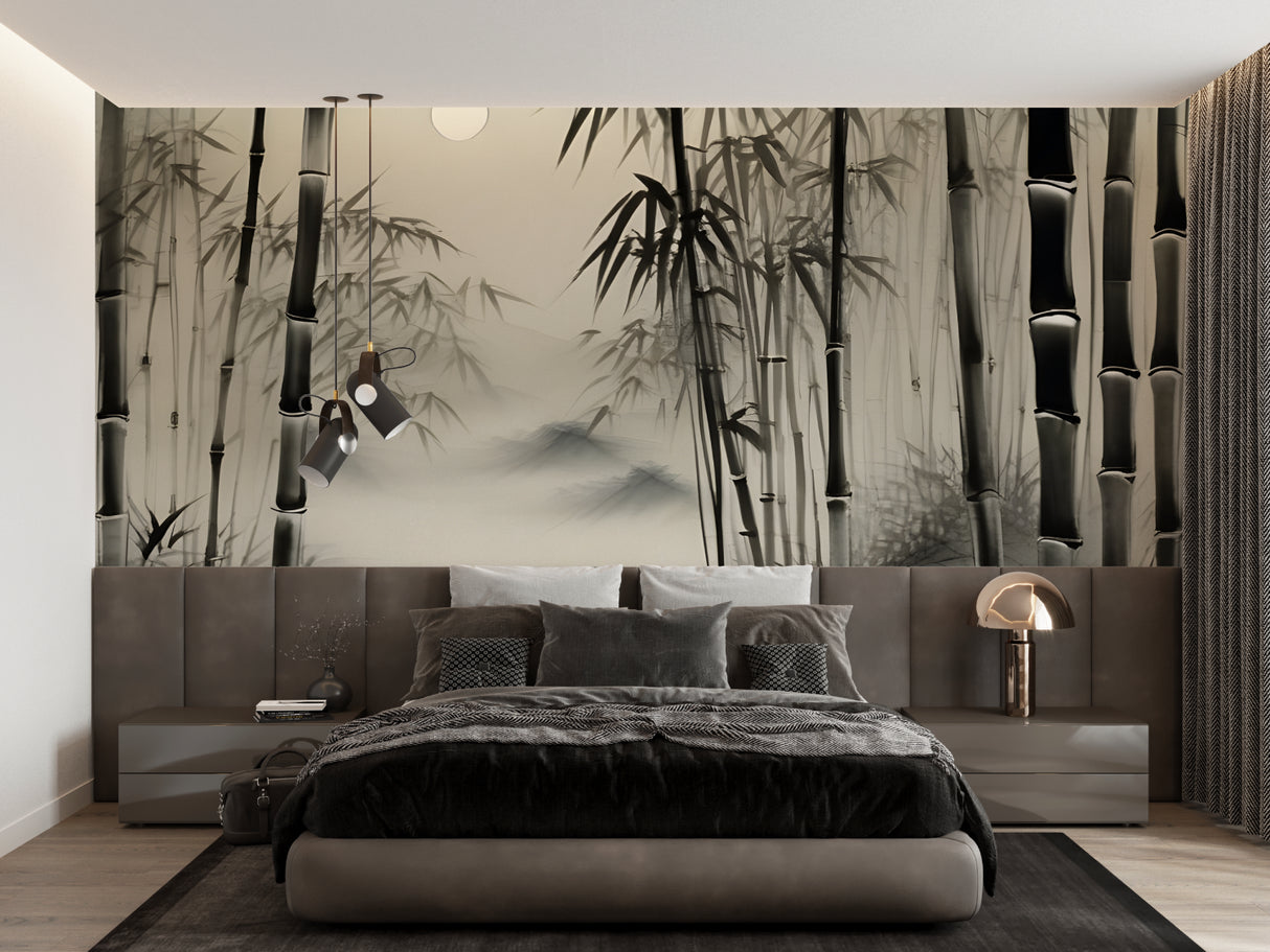 Oriental bamboo wallpaper transforming home office space