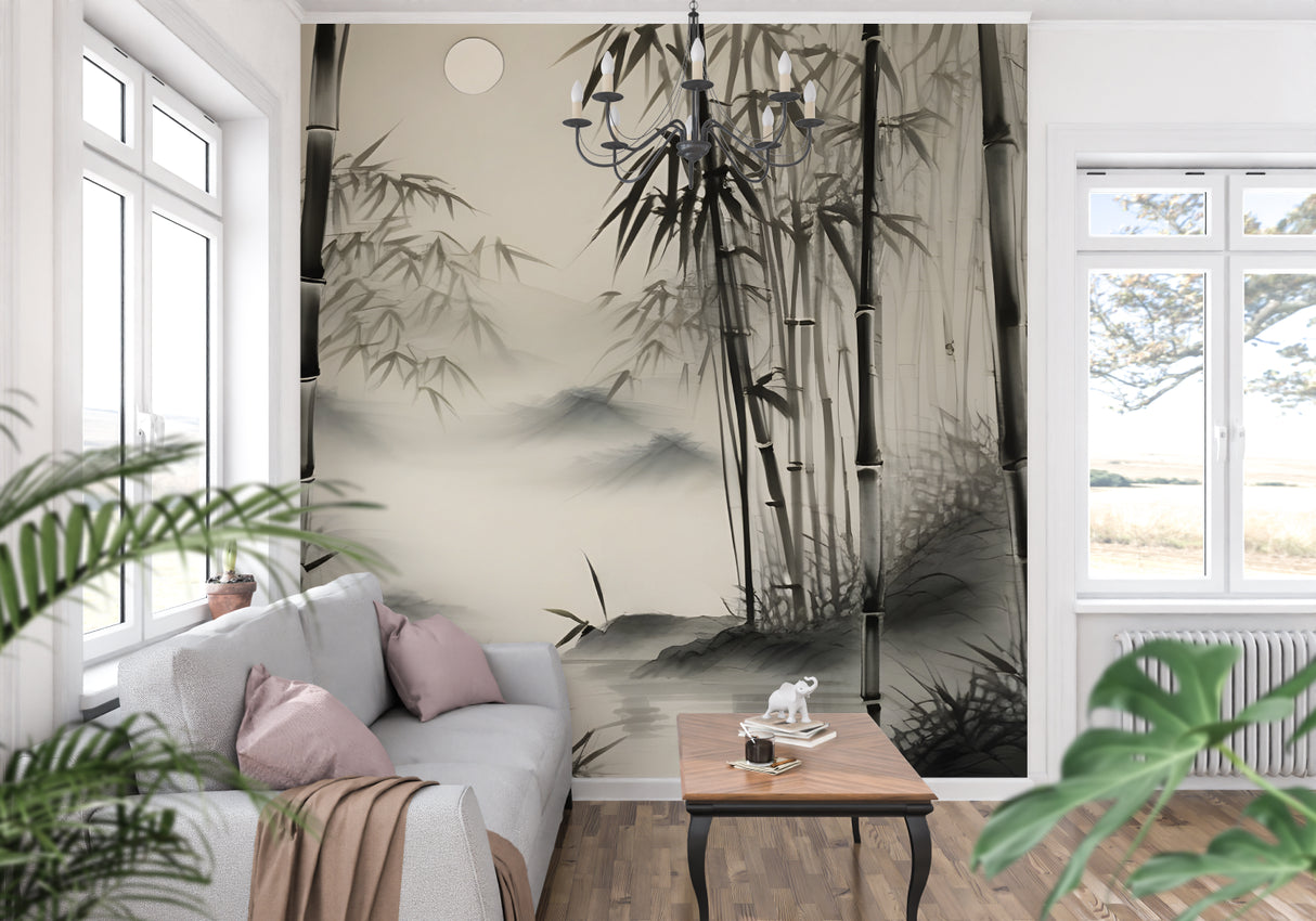 Zen bamboo forest mural in contemporary dining room