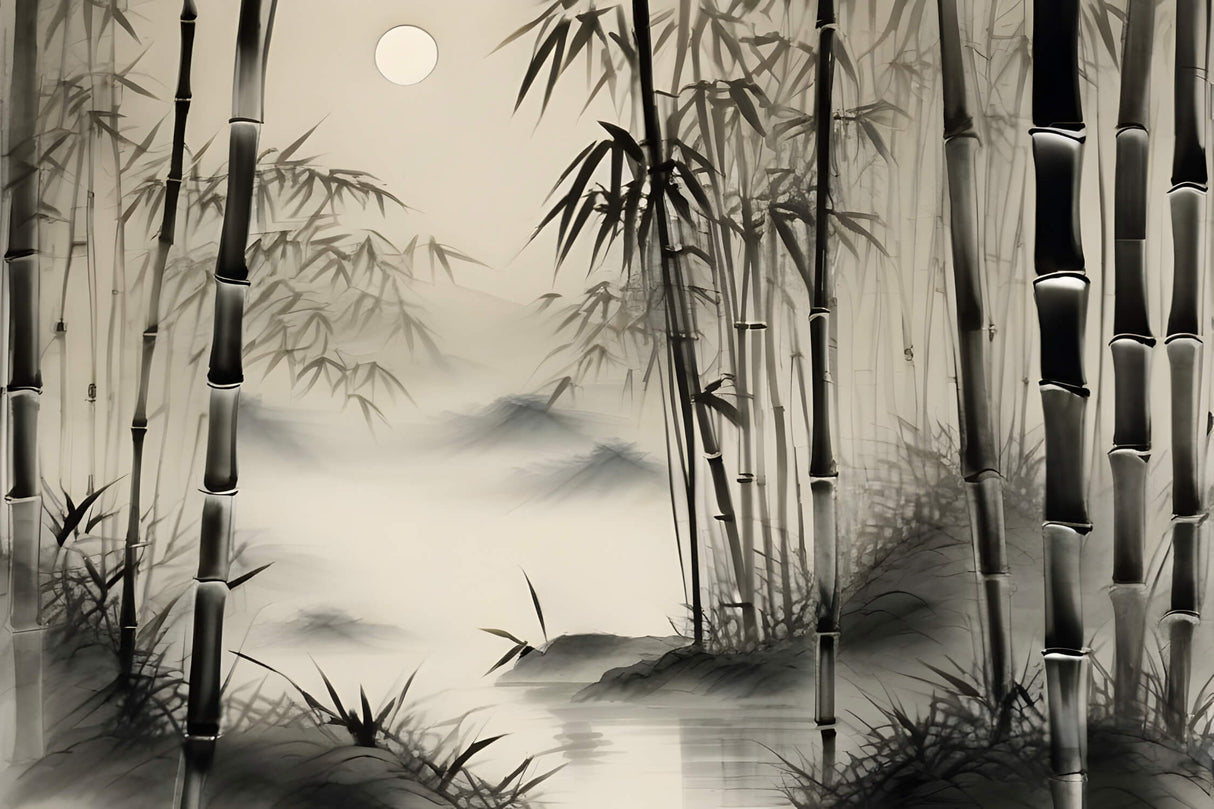 Bamboo forest wallpaper design file showing detailed misty monochrome pattern