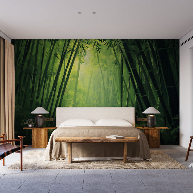 Bamboo forest wallpaper creating a peaceful atmosphere in a modern living room with natural light streaming through windows