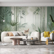 Bamboo forest wallpaper creating a peaceful atmosphere in a modern living room with natural light streaming through windows