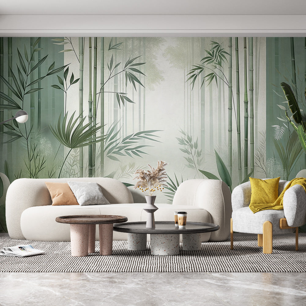Bamboo forest wallpaper creating a peaceful atmosphere in a modern living room with natural light streaming through windows