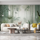 Bamboo forest wallpaper creating a peaceful atmosphere in a modern living room with natural light streaming through windows