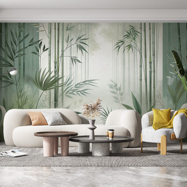 Bamboo forest wallpaper creating a peaceful atmosphere in a modern living room with natural light streaming through windows