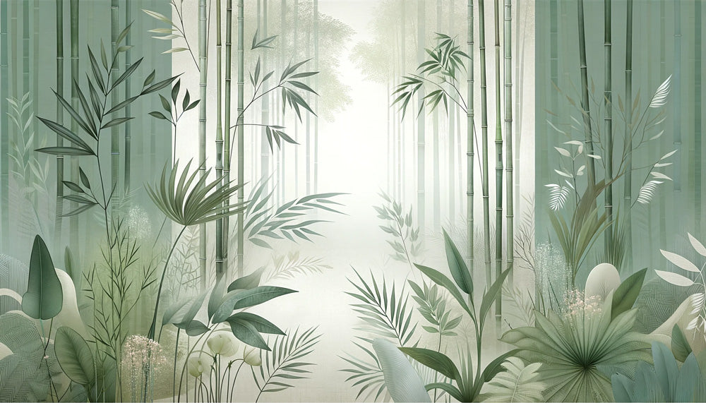 Bamboo forest wall mural design file showing delicate misty green bamboo pattern