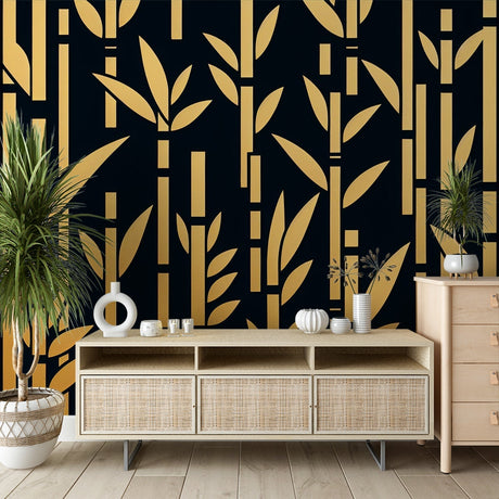 Bamboo mural wallpaper with gold art deco pattern creating depth in a modern dining room with ambient lighting