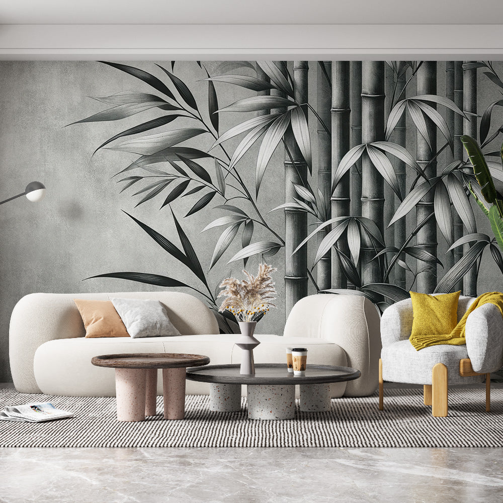 Elegant Bamboo Forest Wallpaper creating a peaceful atmosphere in a modern living room with minimal furniture