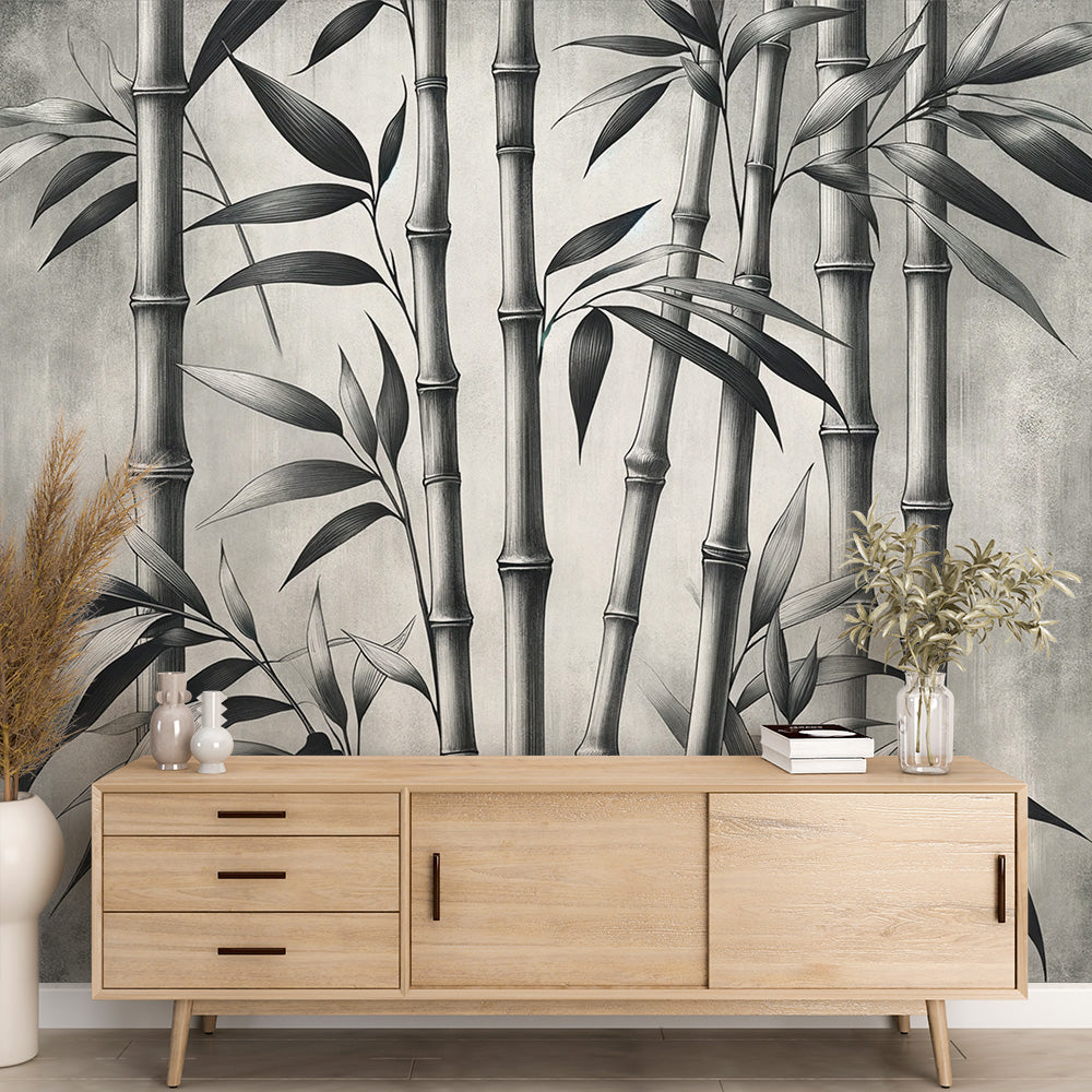 Bamboo mural wallpaper creating a serene atmosphere in a minimalist living room with grey furniture and natural light
