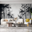 Monochrome bamboo forest wallpaper creating a zen atmosphere in a modern living room with minimal furniture