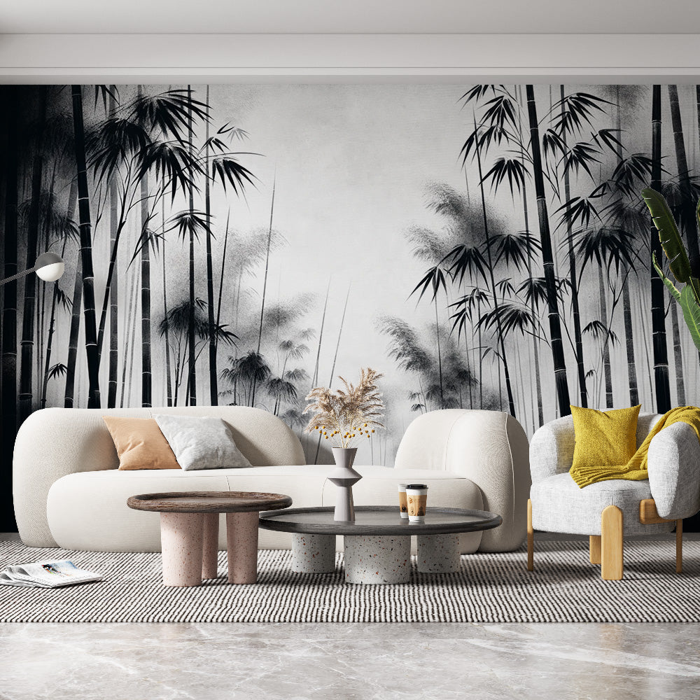 Monochrome bamboo forest wallpaper creating a zen atmosphere in a modern living room with minimal furniture
