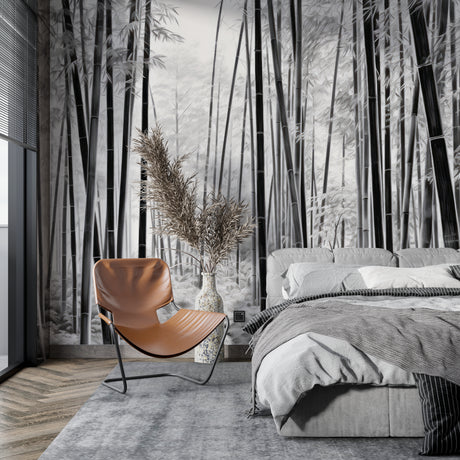 Bamboo forest wallpaper creating a serene atmosphere in a modern living room with minimalist furniture