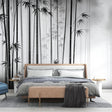 Black and white Bamboo Forest Wallpaper creating a stunning feature wall in a modern living room with minimalist furniture