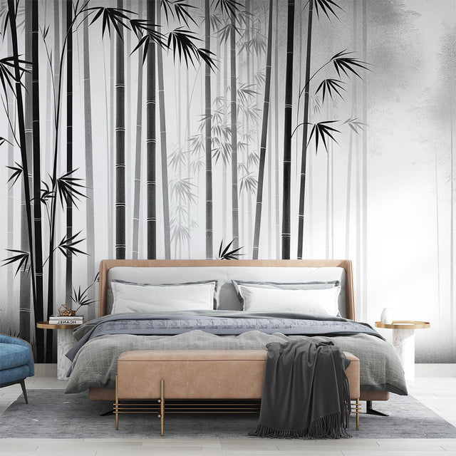 Black and white Bamboo Forest Wallpaper creating a stunning feature wall in a modern living room with minimalist furniture