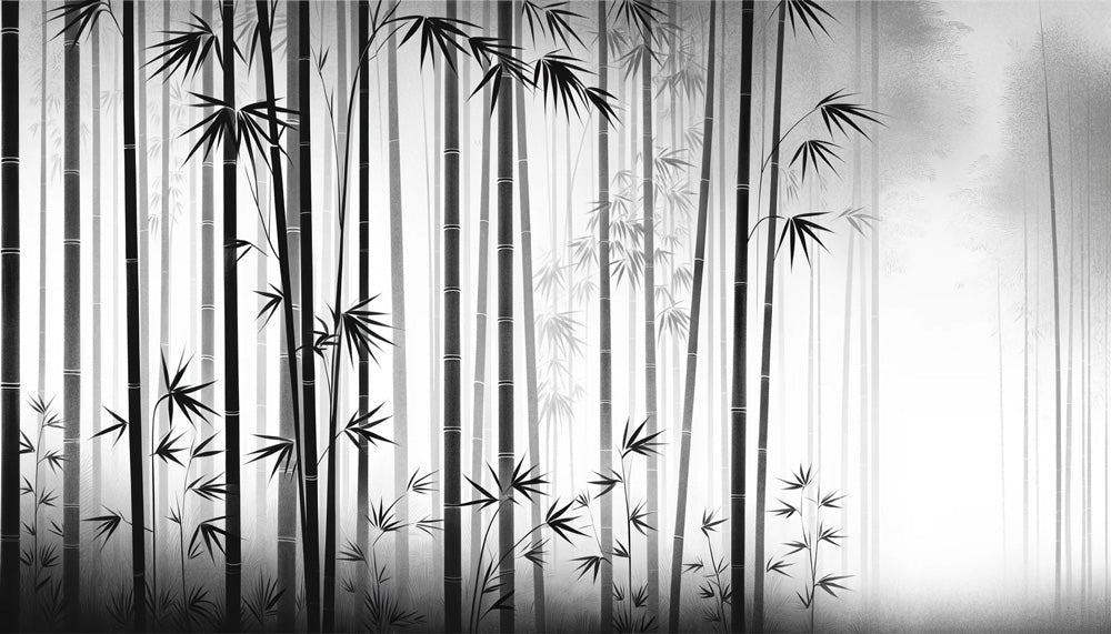 Bamboo Forest Wallpaper design file showing detailed monochrome pattern with misty gradient background