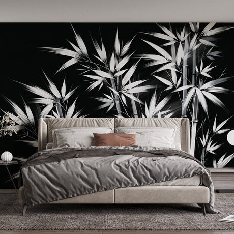 Black and white bamboo wallpaper creating a peaceful atmosphere in a modern minimalist living room