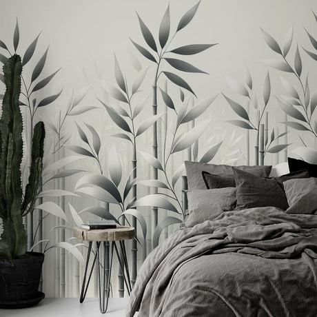 Bamboo forest wallpaper creating a serene atmosphere in a modern living room with gray furniture and natural light