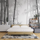 Bamboo forest wallpaper creating a serene atmosphere in a modern minimalist living room with clean lines