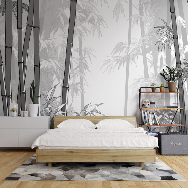 Bamboo forest wallpaper creating a serene atmosphere in a modern minimalist living room with clean lines