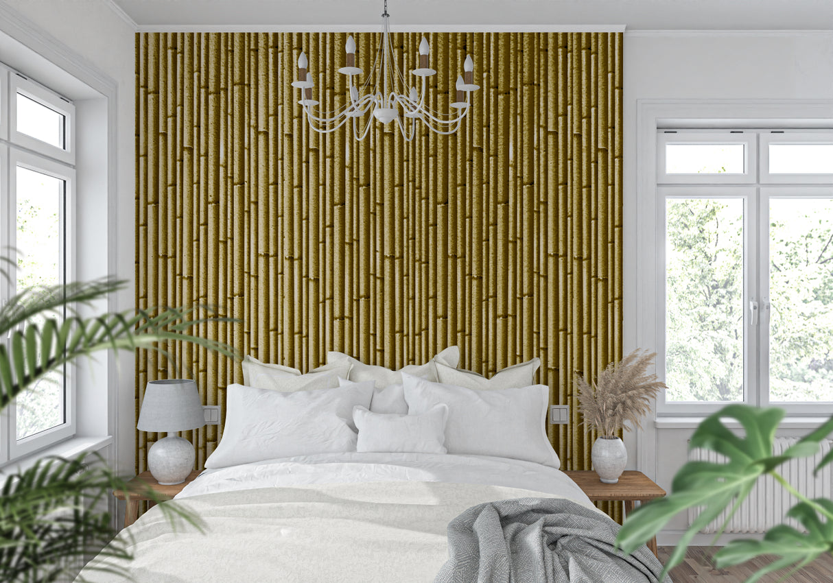Bamboo wall mural creating zen atmosphere in modern living room with natural light