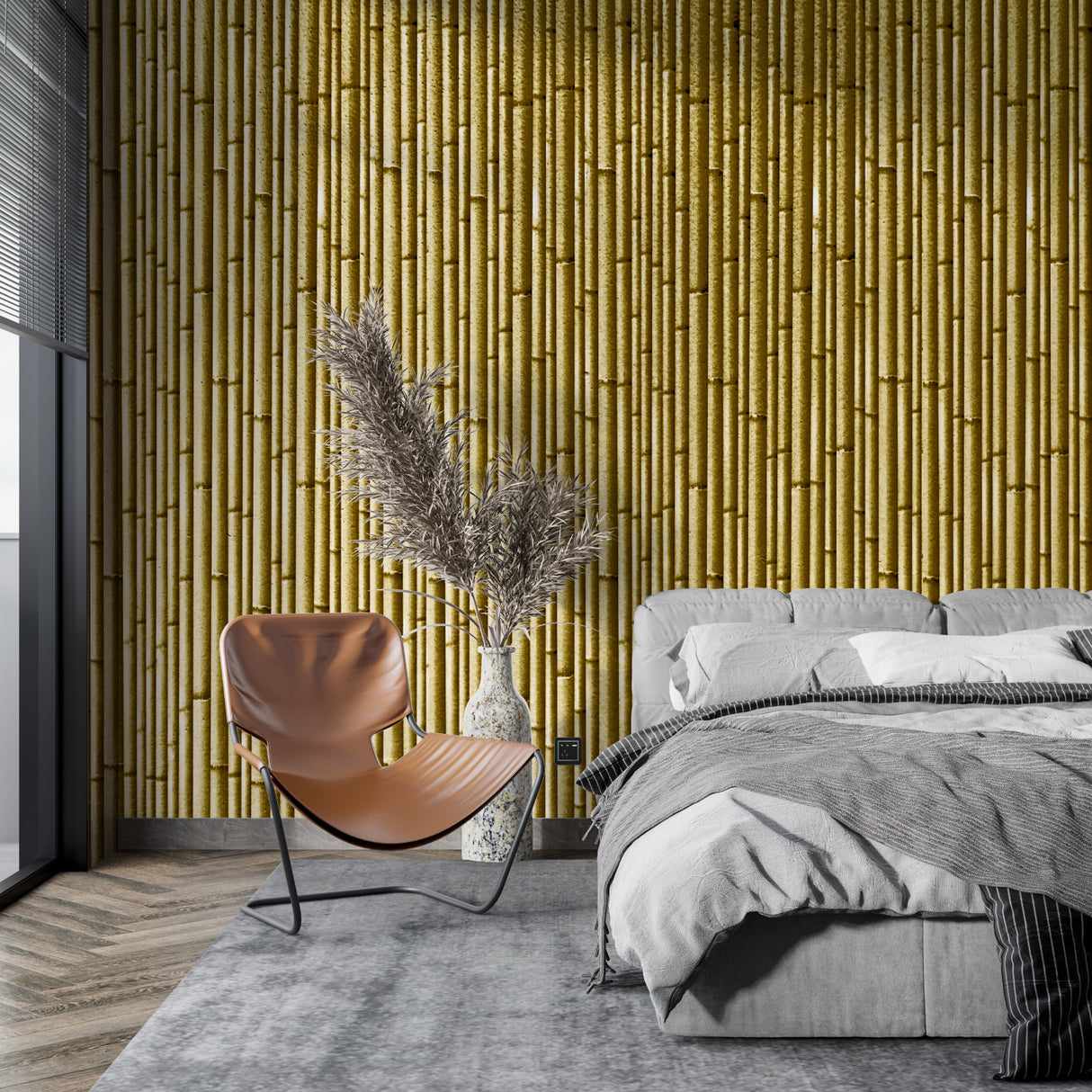 Golden bamboo wallpaper in minimalist dining room setting