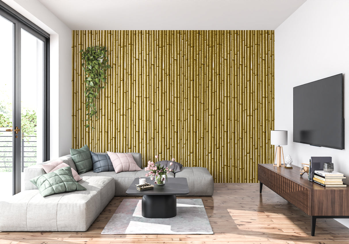 Oriental bamboo pattern wallpaper in cozy bedroom space