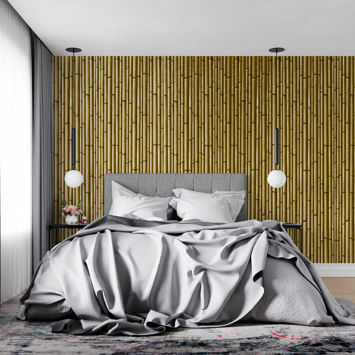Vertical bamboo mural adding height to elegant hallway