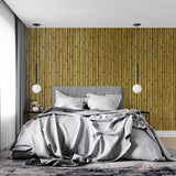 Vertical bamboo mural adding height to elegant hallway