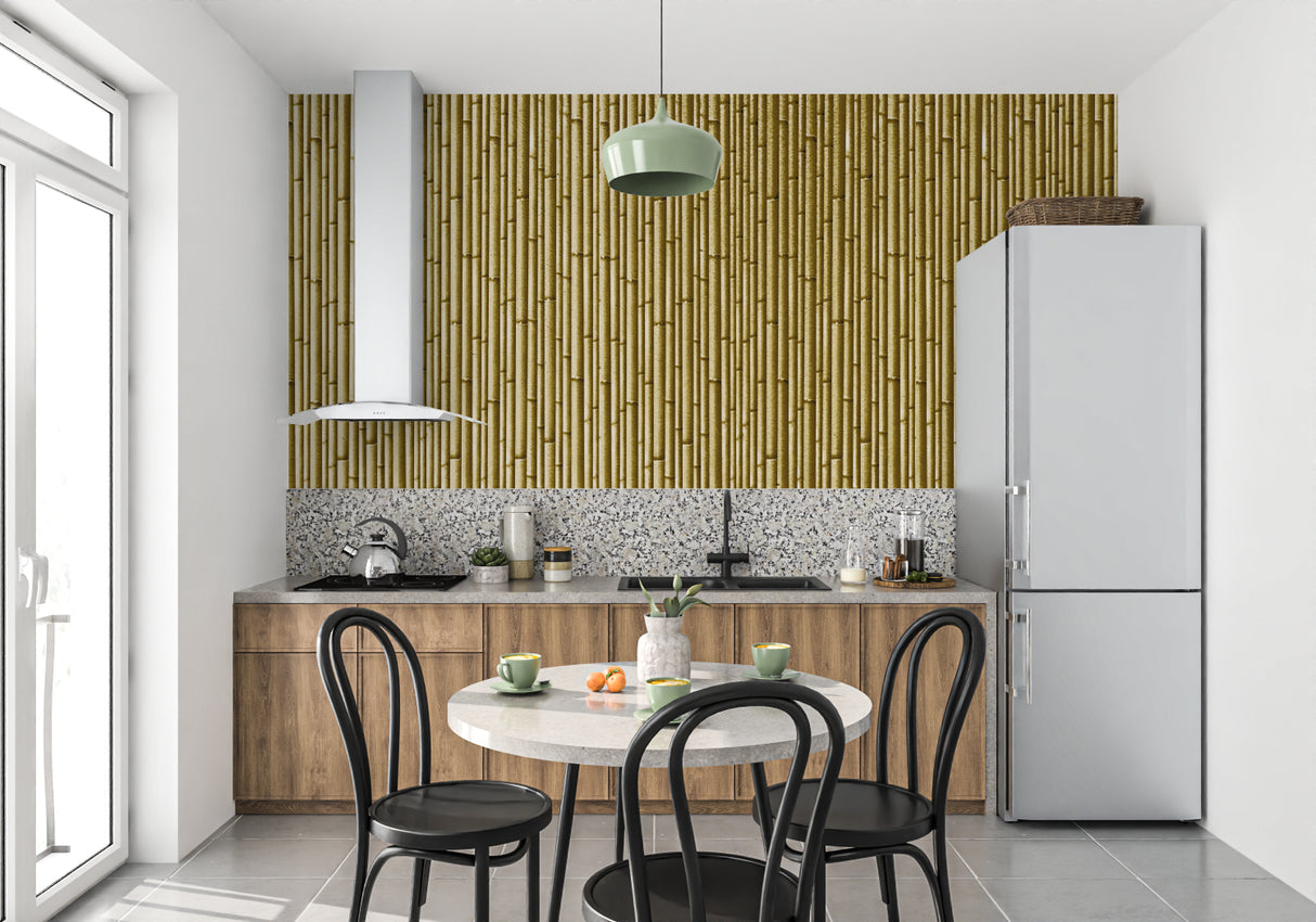 Natural bamboo wallpaper bringing warmth to home office