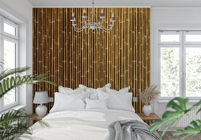 Bamboo wall mural creating zen atmosphere in modern living room with minimal furniture