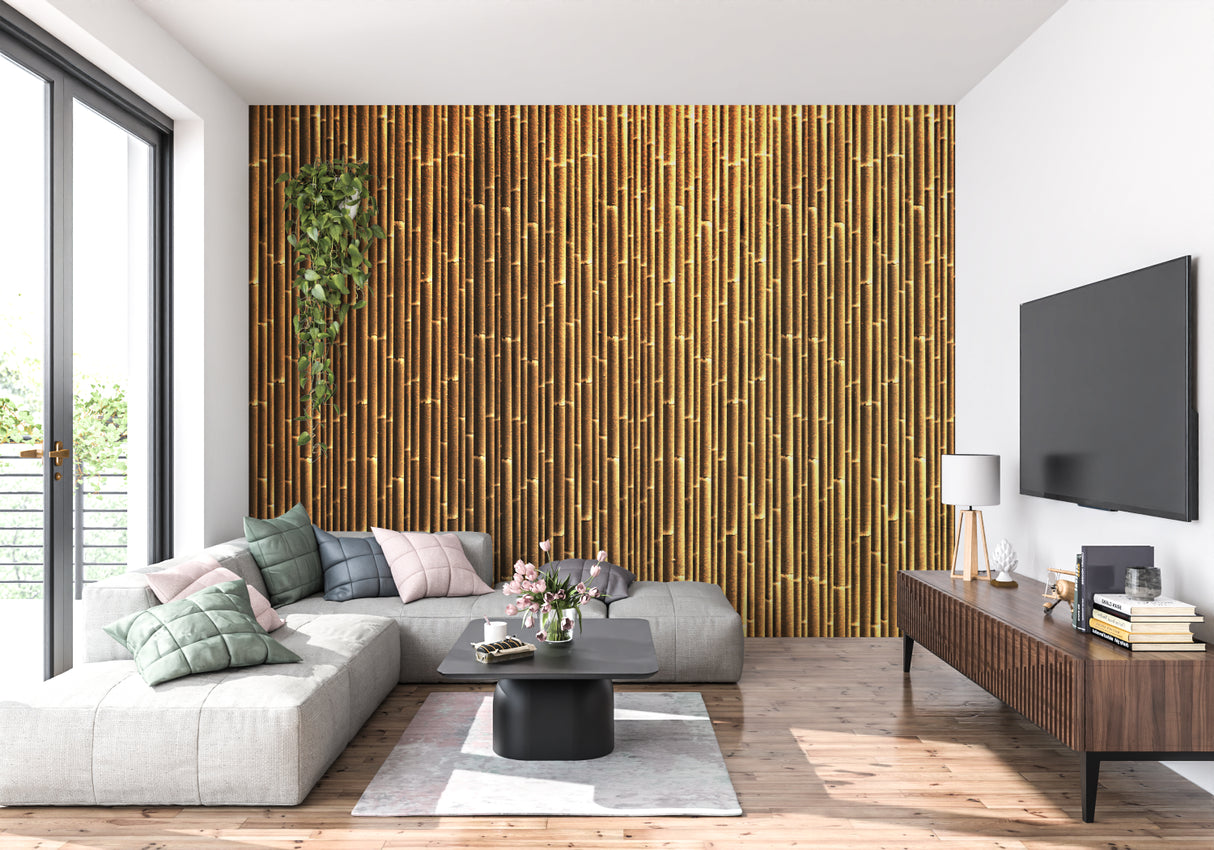 Natural bamboo wallpaper adding warmth to contemporary dining space