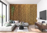 Natural bamboo wallpaper adding warmth to contemporary dining space