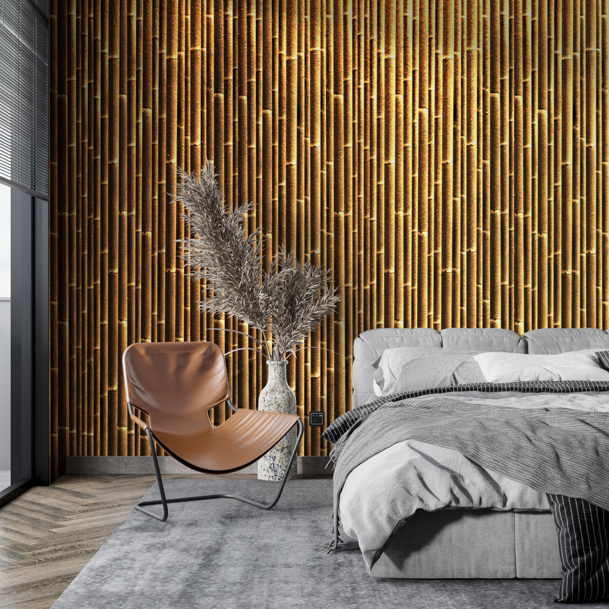 Golden bamboo pattern mural in bright home office setting