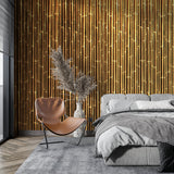 Golden bamboo pattern mural in bright home office setting