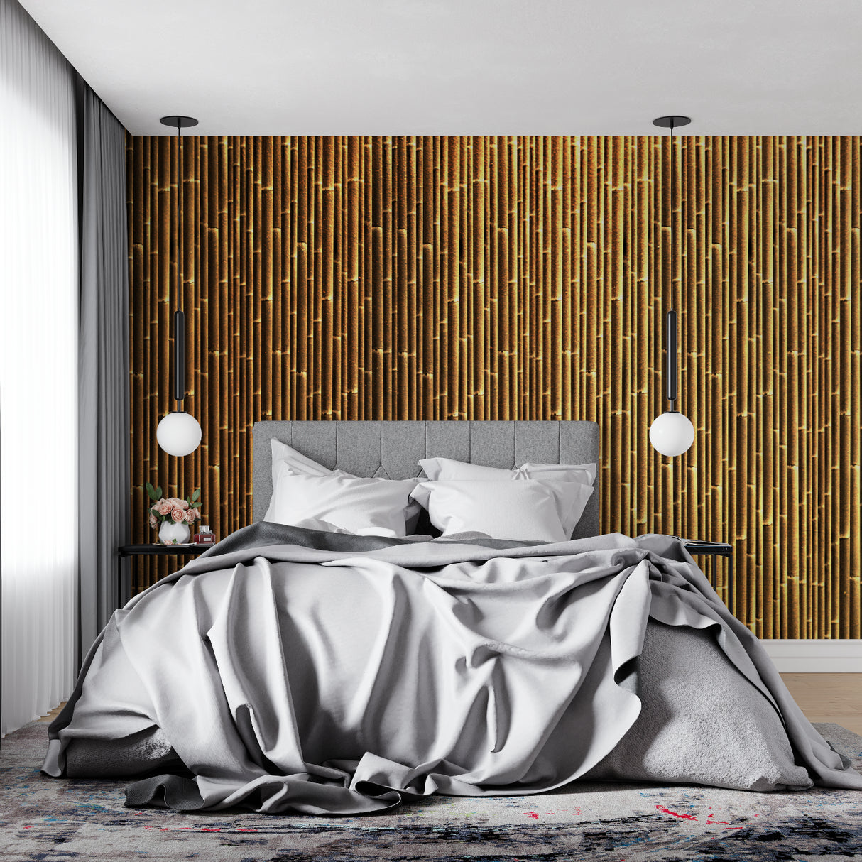 Oriental bamboo mural creating focal point in master bedroom