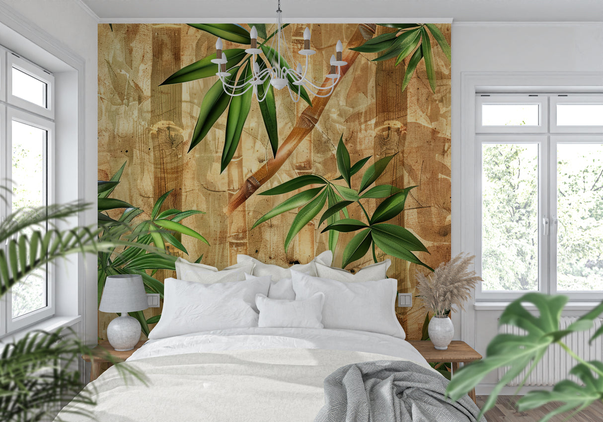 Bamboo leaf wallpaper creating a zen atmosphere in a modern living room with natural light