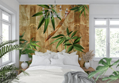 Bamboo leaf wallpaper creating a zen atmosphere in a modern living room with natural light
