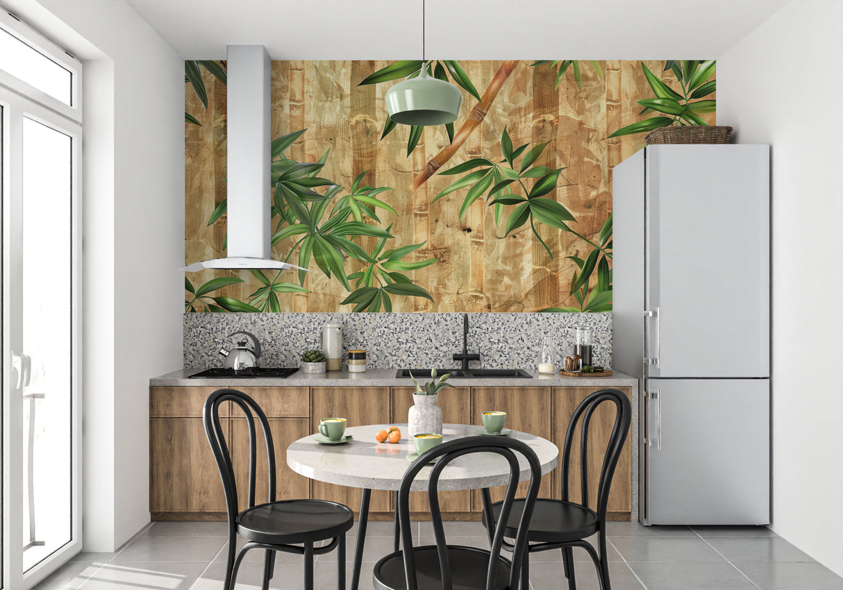 Oriental bamboo wallpaper making a statement in a minimalist dining room